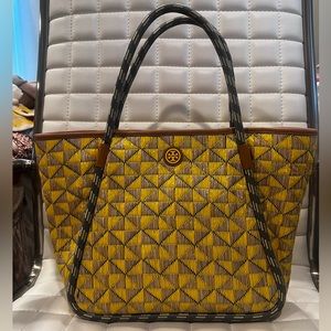 Tory Burch Mosaic Straw Small Tote, Yellow/Cream Mosaic, Excellent condition